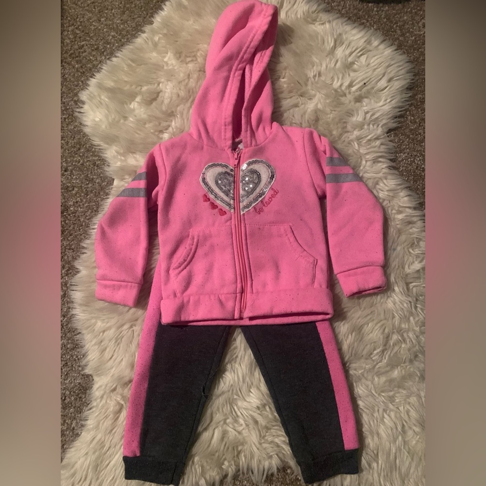 Toddler Girl Two Piece Hooded Pink/Gray Jogger Set Size 12 months